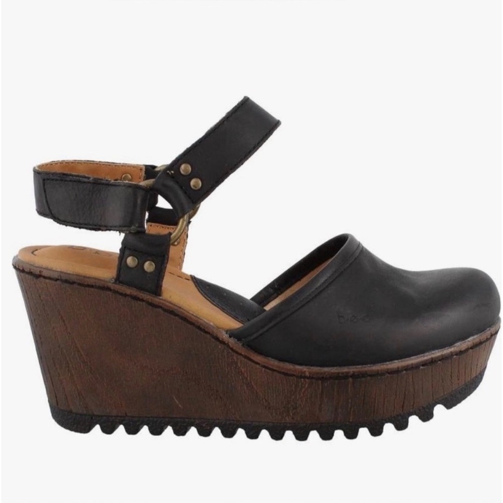 b.o.c. Born Concept Black Leather Rina Wedge Sandals Clog Platform Womens 9M
